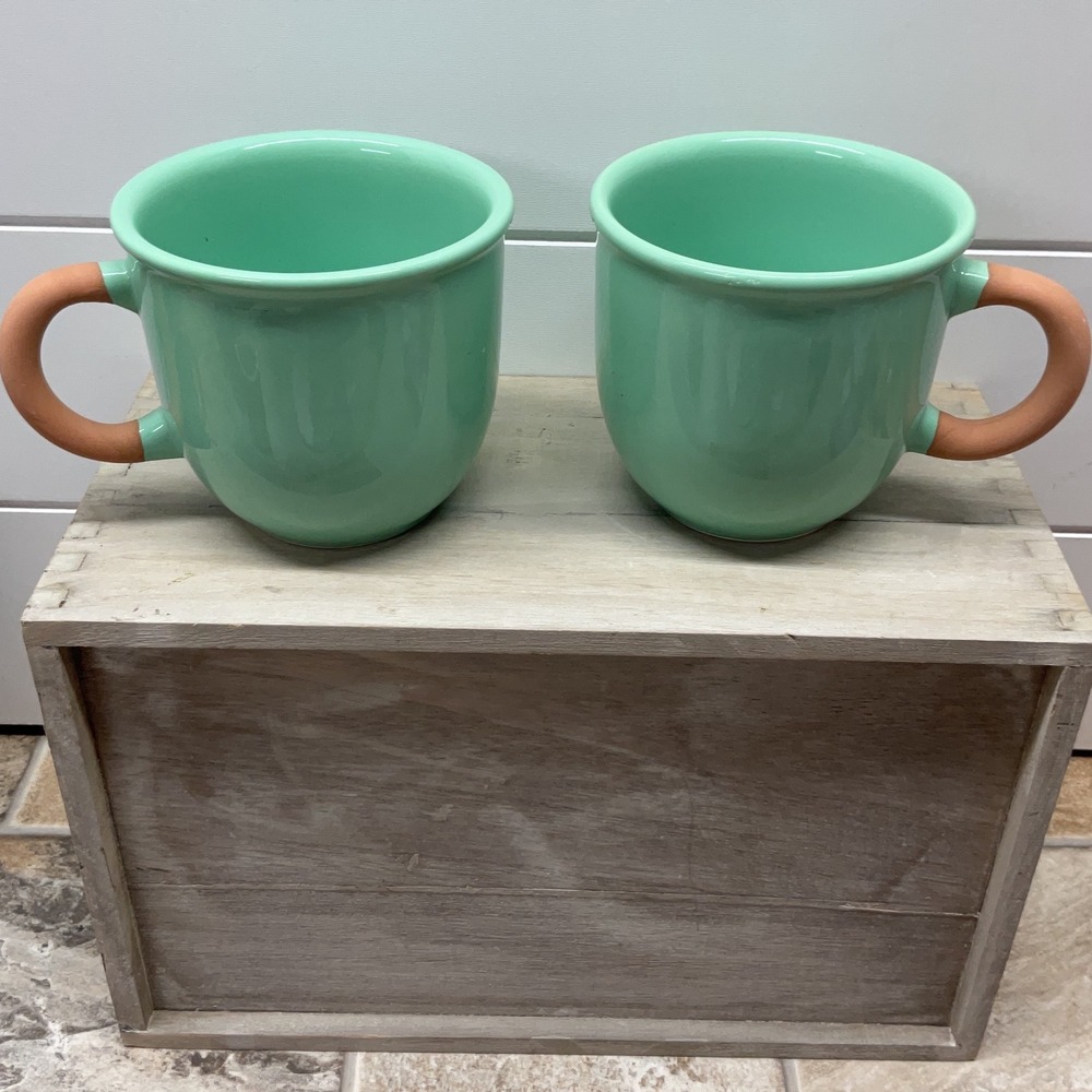 Furio Italy Mint Green Ceramic Mugs Set of 2 Terracotta Handle Oversized Coffee